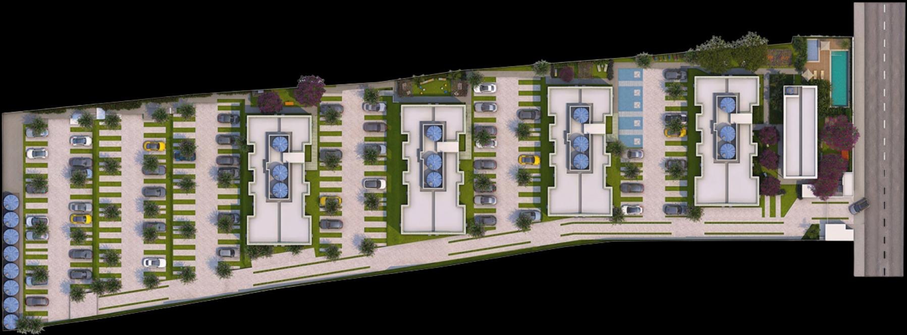 Implantação do Città José Rufino Residence com quatro torres e áreas comuns